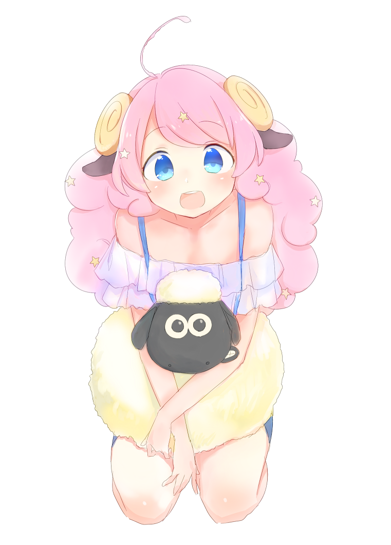 1girl ahoge animal_ears blue_eyes blush crossover horns long_hair looking_at_viewer moa_(show_by_rock!!) open_mouth pink_hair shaun_the_sheep sheep show_by_rock!! smile star wallace_and_gromit