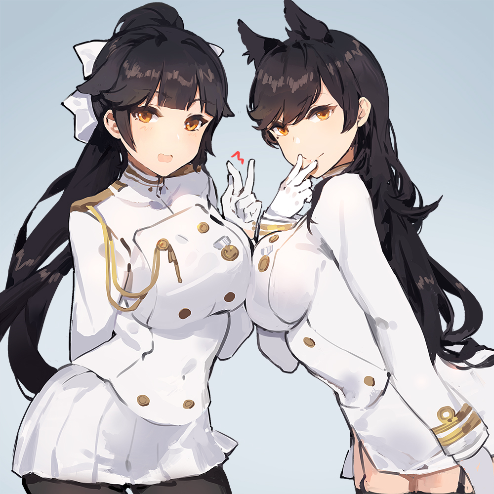 /\/\/\ 2girls aiguillette animal_ears atago_(bilan_hangxian) bangs bilan_hangxian black_hair black_legwear blush bow breasts closed_mouth commentary_request double-breasted eyebrows_visible_through_hair garter_straps gloves gradient gradient_background hair_bow hand_up kishiyo large_breasts long_hair medium_breasts military military_uniform multiple_girls open_mouth pantyhose ponytail revision sidelocks skirt smile swept_bangs takao_(bilan_hangxian) thigh-highs uniform v wavy_hair white_bow white_gloves white_skirt