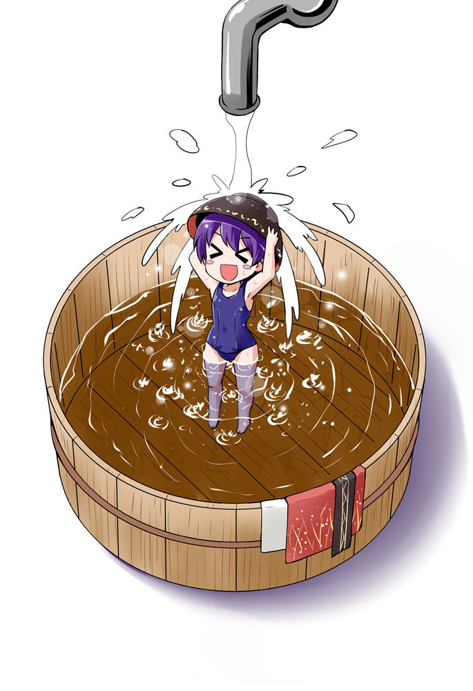 &gt;_&lt; 1girl barefoot blush_stickers bowl bowl_hat bucket commentary eyebrows_visible_through_hair faucet hat kimono_removed kousei_(public_planet) minigirl one-piece_swimsuit purple_hair showering sukuna_shinmyoumaru swimsuit touhou water wooden_bucket