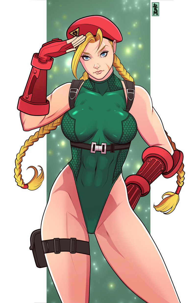 1girl abs antenna_hair beret braid breasts cammy_white contrapposto eyebrows fingerless_gloves gloves green_leotard hand_on_hip harness hat highleg highleg_leotard highres leotard long_hair medium_breasts ram_(ram80) red_gloves salute scar solo standing street_fighter street_fighter_v thigh_pouch thighs twin_braids