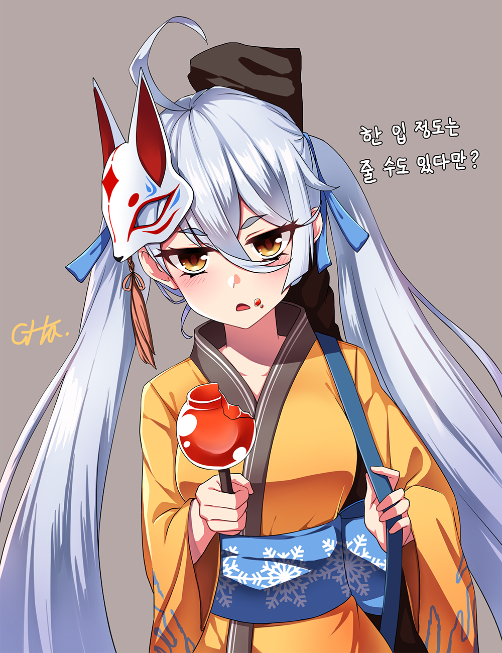 1girl ahoge breasts candy_apple child_(isoliya) collarbone eyebrows_visible_through_hair food fox_mask girls_frontline highres korean large_breasts looking_at_viewer mask mask_on_head parted_lips pkp_(girls_frontline) silver_hair solo translated twintails