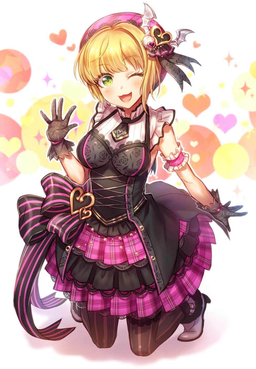 1girl ;3 black_gloves black_legwear black_ribbon blonde_hair blush breasts eyebrows_visible_through_hair gloves green_eyes heart high_heels highres idolmaster idolmaster_cinderella_girls idolmaster_cinderella_girls_starlight_stage kneeling large_breasts looking_at_viewer miyamoto_frederica mk one_eye_closed open_mouth pantyhose ribbon short_hair smile solo striped striped_legwear vertical-striped_legwear vertical_stripes