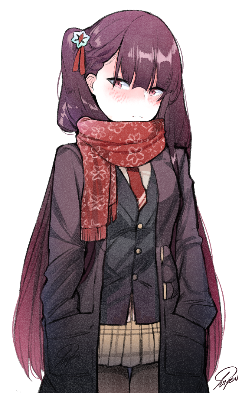 1girl artist_name asymmetrical_bangs bangs black_coat black_legwear blush brown_skirt closed_mouth coat girls_frontline grey_background hair_ribbon highres long_hair looking_at_viewer miniskirt nose_blush one_side_up open_clothes open_coat pantyhose plaid plaid_skirt pleated_skirt purple_hair red_ribbon ribbon signature simple_background skirt solo tosyeo tsurime very_long_hair vest violet_eyes wa2000_(girls_frontline)