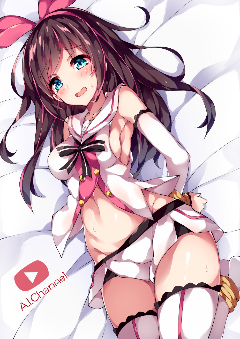 1girl a.i._channel arm_warmers bangs bed_sheet blue_eyes blush bow breasts brown_hair copyright_name detached_sleeves eyebrows_visible_through_hair hair_bow hairband highres kizuna_ai long_hair lying medium_breasts multicolored_hair navel on_back open_mouth pink_bow pink_hair play_button sailor_collar short_shorts shorts sideboob smile solo streaked_hair sweat tareme thigh-highs unacchi_(nyusankin) vest white_legwear white_shorts youtube