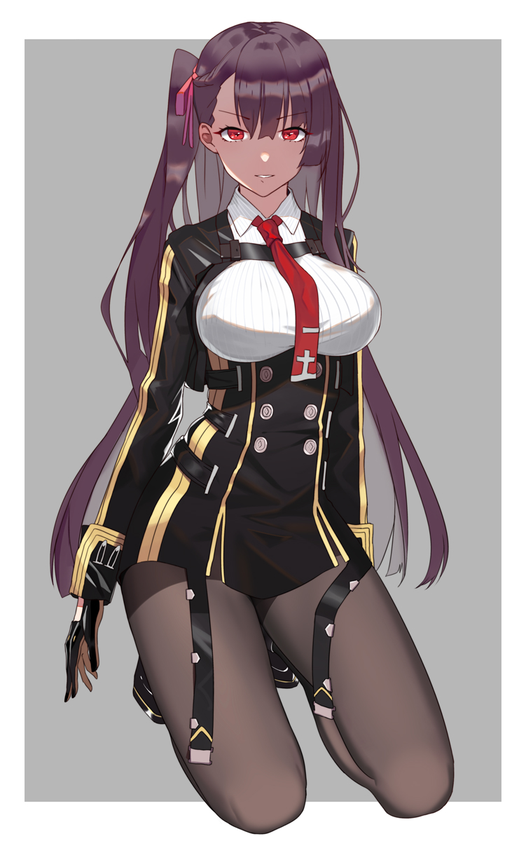 1girl asymmetrical_bangs bangs black_dress black_gloves black_legwear breasts cropped_jacket dress eyebrows_visible_through_hair full_body girls_frontline gloves grey_background highres jacket kneeling large_breasts light_smile long_hair long_sleeves looking_at_viewer military military_uniform necktie one_side_up open_clothes open_jacket pantyhose parted_lips purple_hair red_eyes red_necktie short_dress smile solo thighs tsuaaa tsurime two-tone_background underbust uniform very_long_hair wa2000_(girls_frontline) white_background