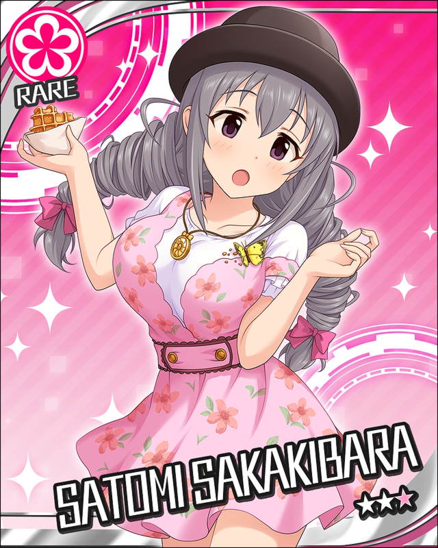 1girl :o artist_request bangs blush bow breasts butterfly card_(medium) character_name collarbone dress drill_hair floral_print flower_(symbol) food grey_hair hair_between_eyes hat holding idolmaster idolmaster_cinderella_girls jewelry large_breasts long_hair necklace official_art open_mouth pink_background pink_dress sakakibara_satomi short_sleeves solo twintails violet_eyes