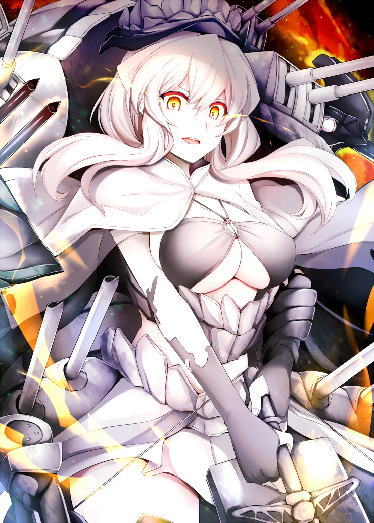1girl bangs black_bikini_top black_gloves breasts cowboy_shot european_hime gloves glowing glowing_eyes hair_between_eyes halter_top halterneck holding holding_sword holding_weapon kantai_collection large_breasts long_hair looking_at_viewer machinery o-ring_top open_mouth revision rigging rui_shi_(rayze_ray) shinkaisei-kan skirt solo sword teeth turret weapon white_hair white_skirt yellow_eyes