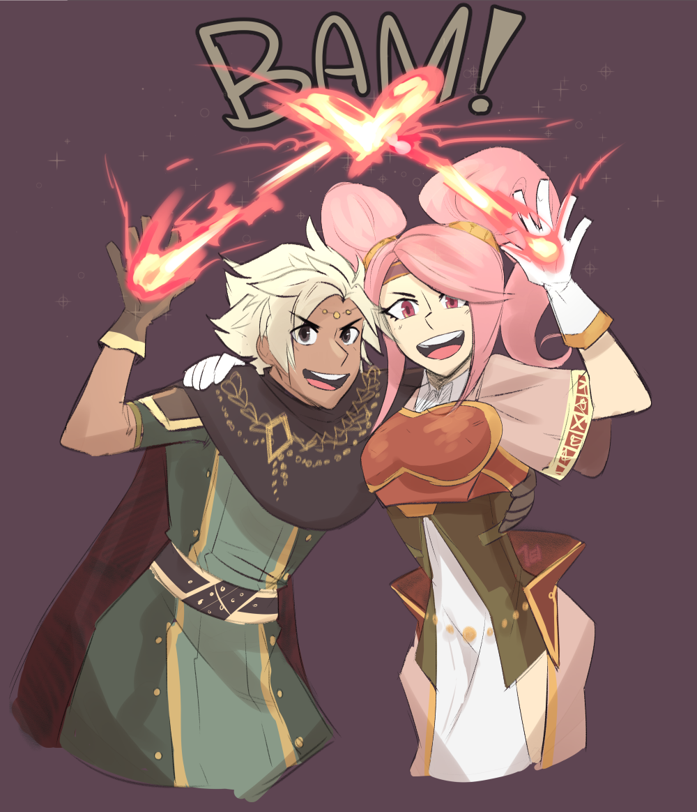 1boy 1girl boey_(fire_emblem) cape fire fire_emblem fire_emblem_echoes:_mou_hitori_no_eiyuuou fire_emblem_gaiden gloves looking_at_viewer mae_(fire_emblem) magic pink_hair red_eyes simple_background smile twintails white_hair