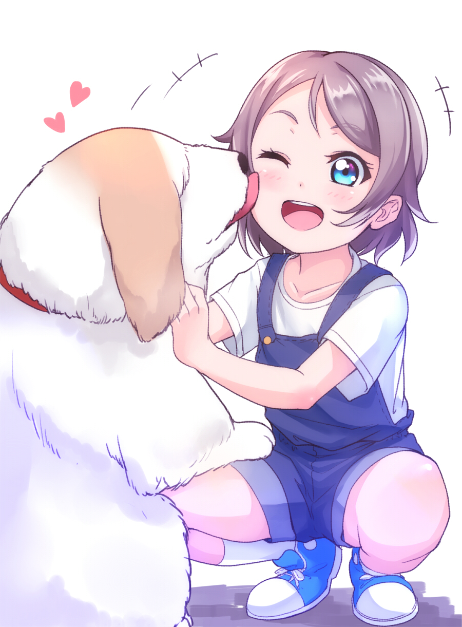 1girl alternate_costume blue_eyes brown_hair cheek_licking commentary_request dog eyebrows_visible_through_hair face_licking heart highres kanabun licking love_live! love_live!_sunshine!! one_eye_closed open_mouth shiitake_(love_live!_sunshine!!) short_hair short_sleeves tongue tongue_out watanabe_you younger