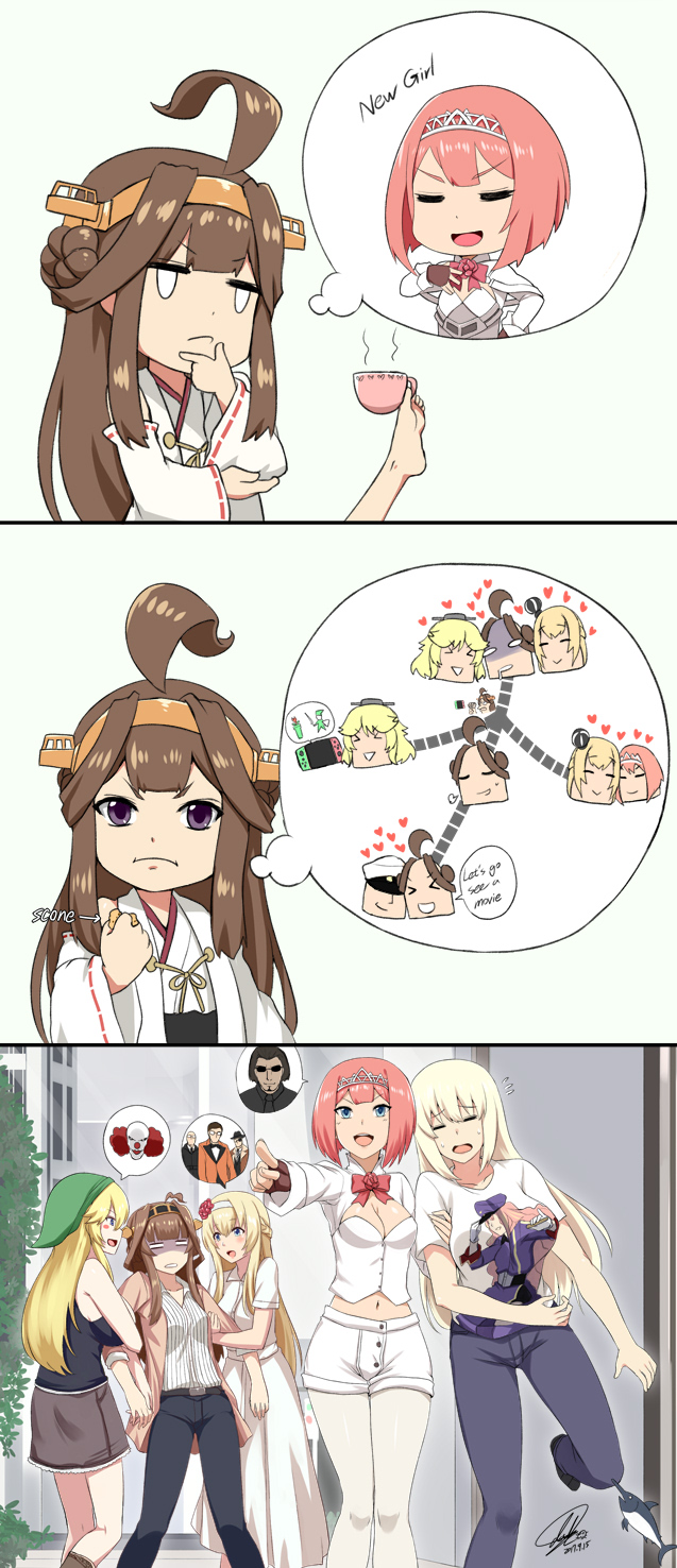 5girls ahoge alternate_costume ark_royal_(kantai_collection) bismarck_(kantai_collection) blonde_hair brown_hair comic commentary crown cup darkmaya double_bun hat highres holding holding_cup imagining iowa_(kantai_collection) kantai_collection kongou_(kantai_collection) long_hair mini_crown multiple_girls nontraditional_miko outdoors redhead remodel_(kantai_collection) shorts teacup tiara warspite_(kantai_collection)