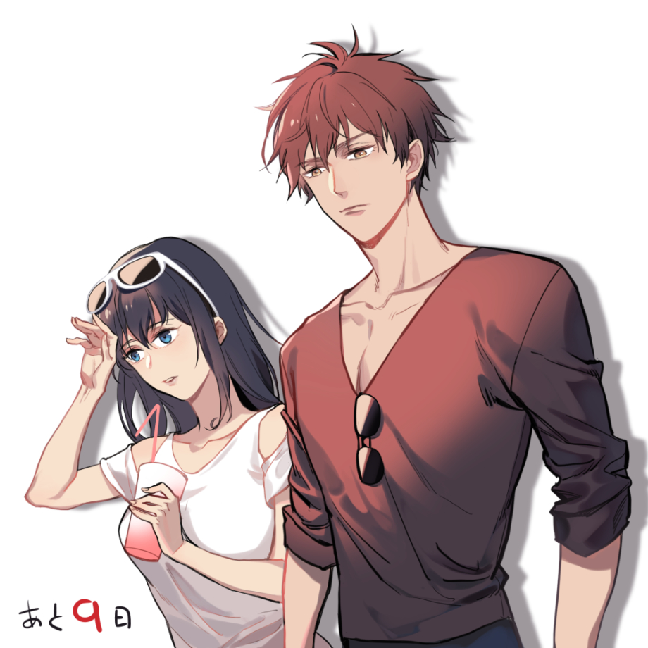 1boy 1girl 321wei ballroom_e_youkoso black_hair blue_eyes brown_eyes brown_hair collarbone drink drinking_straw hanaoka_shizuku hand_up hyoudou_kiyoharu shirt standing sunglasses sunglasses_on_head white_shirt