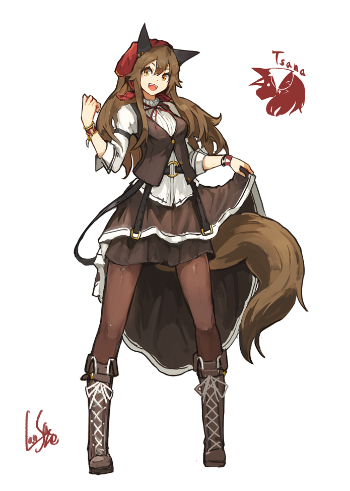 1girl :d animal_ears belt boots bracelet breasts brown_boots brown_eyes brown_hair brown_legwear dress dress_lift full_body headdress jewelry lansane long_hair long_sleeves looking_at_viewer medium_breasts o-ring open_mouth pantyhose pleated_skirt shirt signature simple_background skirt smile solo standing tail tsana_(lansane) vest white_background white_shirt wolf_ears wolf_tail wristband