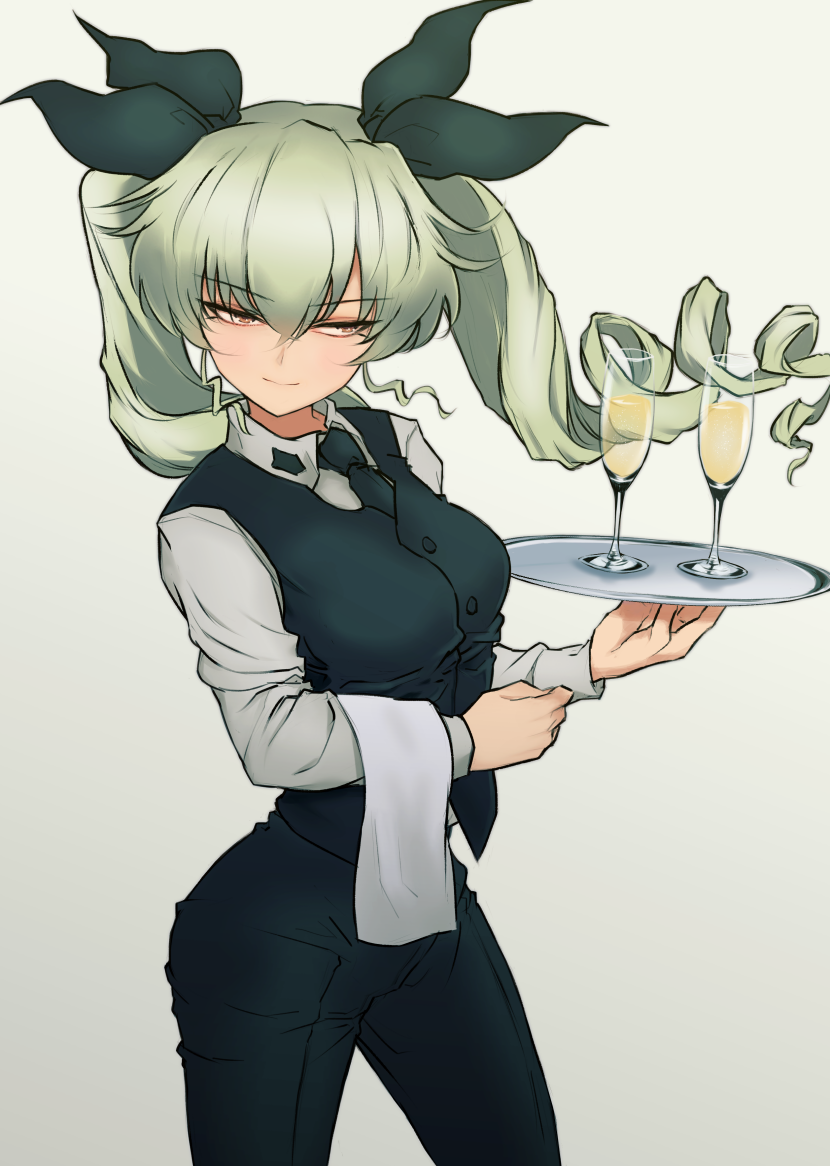 1girl anchovy black_ribbon brown_eyes champagne_flute closed_mouth cup drill_hair drinking_glass eyebrows_visible_through_hair formal girls_und_panzer glass green_hair hair_ribbon long_hair looking_to_the_side mityubi ribbon simple_background smile solo standing suit twin_drills twintails