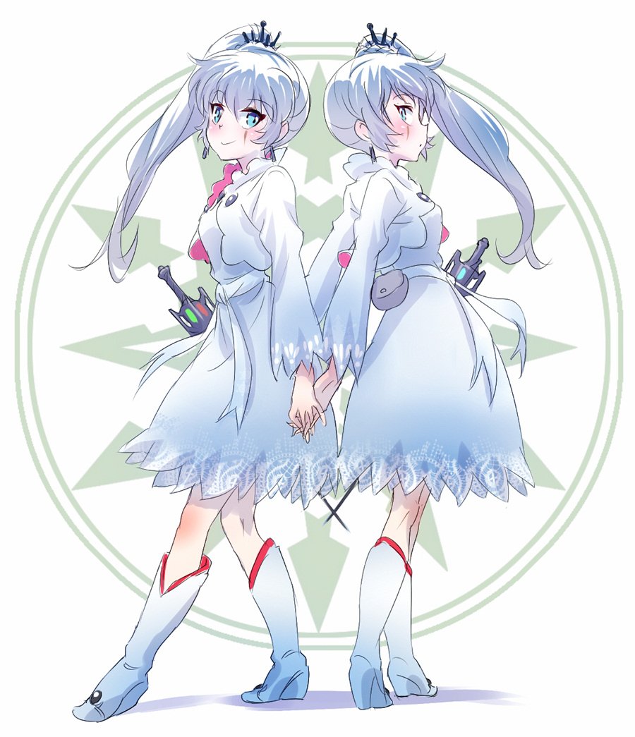 1girl blue_eyes boots dress dual_persona earrings hand_holding iesupa jewelry myrtenaster rwby scar scar_across_eye weiss_schnee white_boots white_dress white_hair