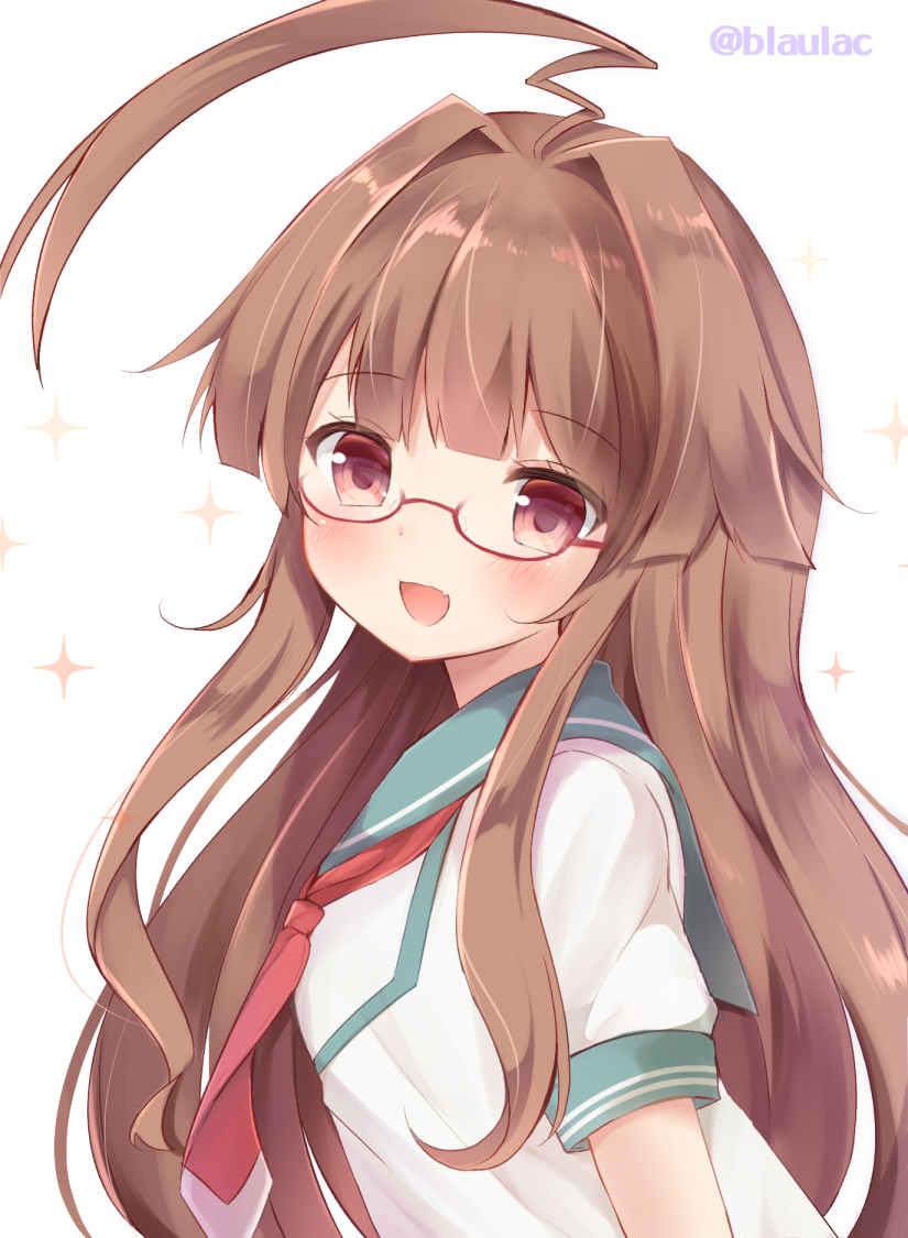 1girl :d ahoge brown_eyes brown_hair glasses glasses_day huge_ahoge kantai_collection kuma_(kantai_collection) long_hair looking_at_viewer masayo_(gin_no_ame) neckerchief open_mouth red-framed_eyewear revision sailor_collar school_uniform serafuku shirt short_sleeves simple_background smile solo sparkle twitter_username white_background