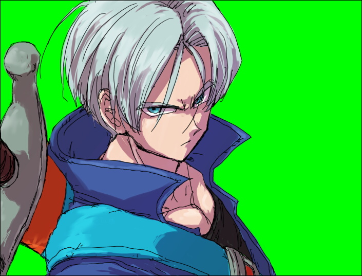 1boy black_shirt blue_eyes dragon_ball dragonball_z eyebrows_visible_through_hair frown green_background jacket looking_at_viewer maca_(kanekohouse) male_focus serious shirt simple_background solo_focus sword trunks_(dragon_ball) weapon white_hair