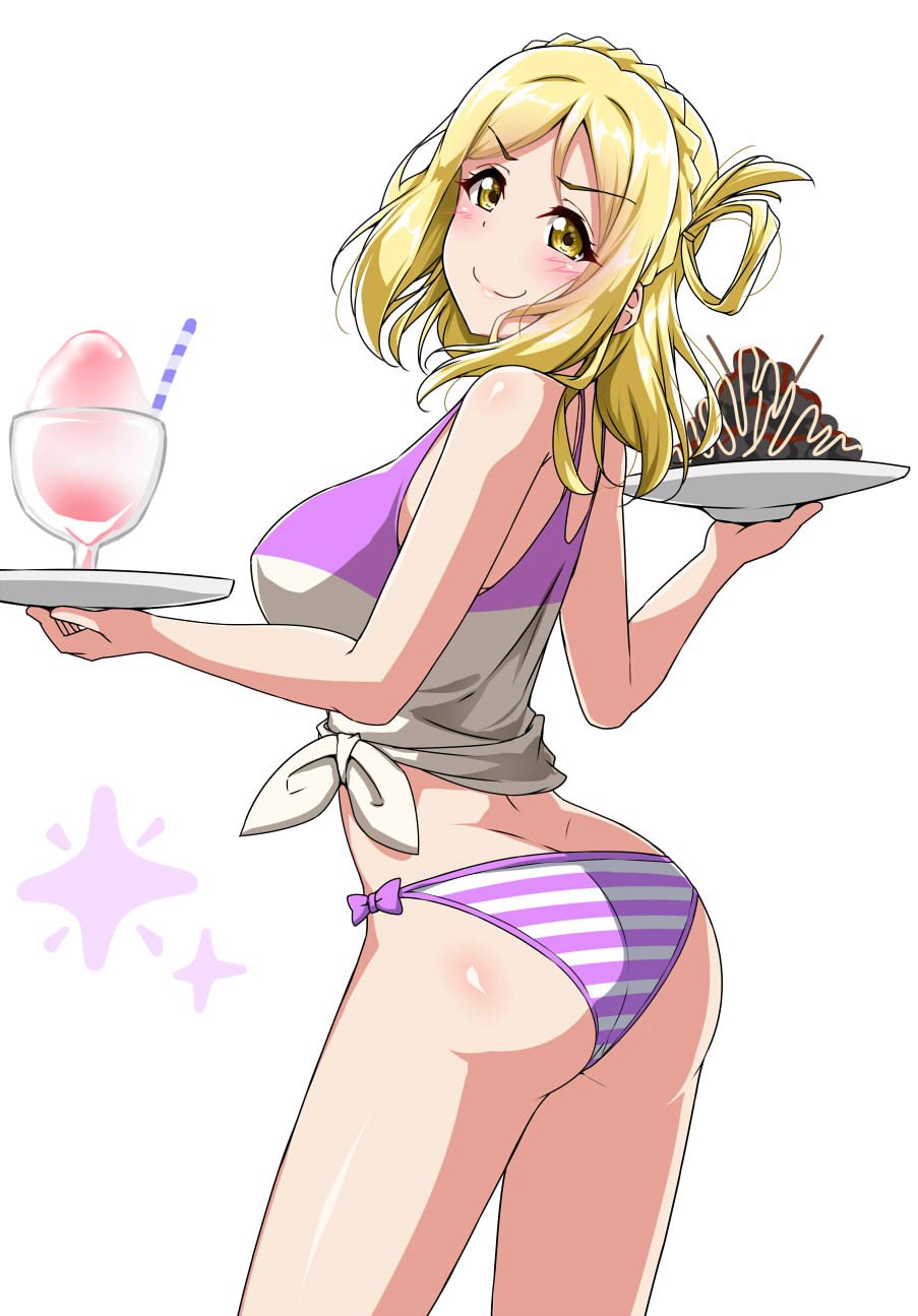 &gt;:) 1girl ass blonde_hair blush braid breasts crown_braid food from_behind hair_rings highres holding holding_plate looking_at_viewer looking_back love_live! love_live!_sunshine!! midriff ohara_mari plate shaved_ice shirt simple_background solo striped_bikini_bottom takoyaki tank_top tied_shirt white_background yellow_eyes yopparai_oni