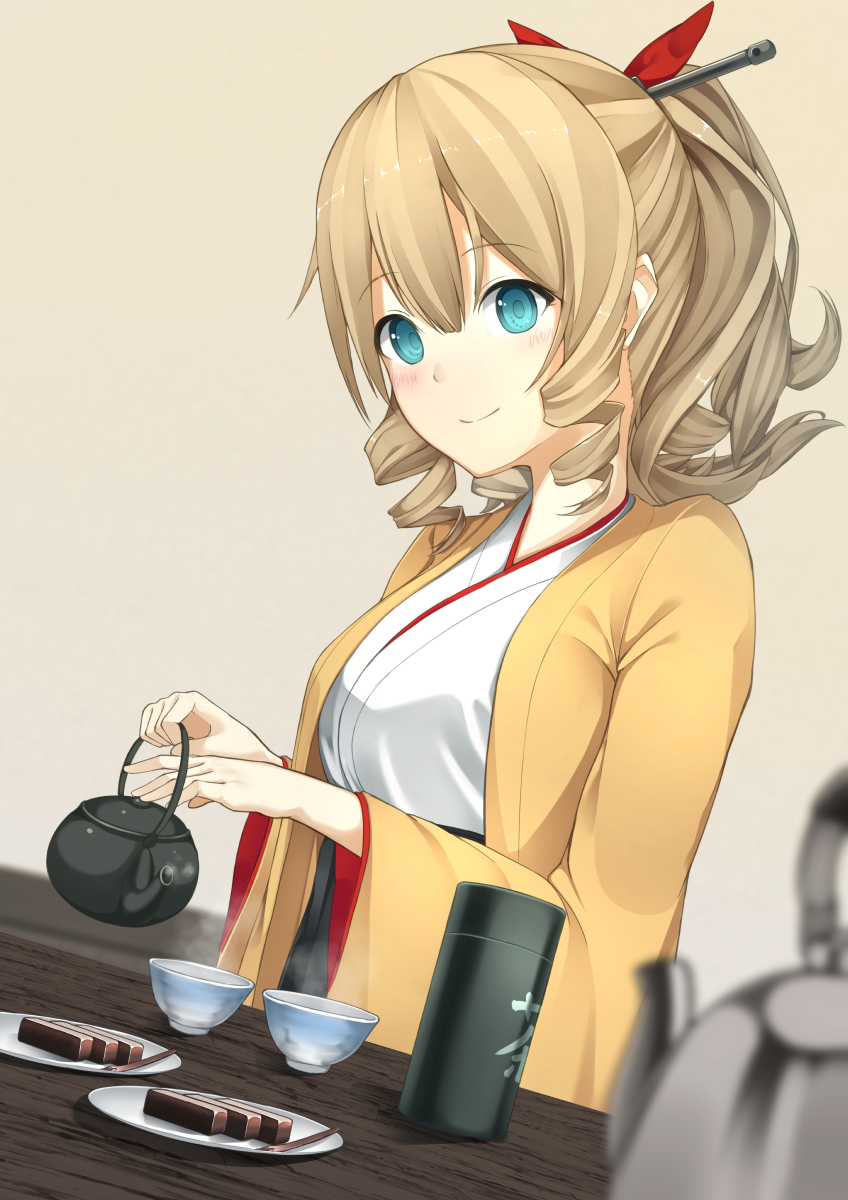 1girl aqua_eyes bangs blonde_hair blurry blush bow breasts closed_mouth commentary cup depth_of_field dish drill_hair dutch_angle eyebrows_visible_through_hair female food hair_between_eyes hair_bow hair_ornament hands hatakaze_(kantai_collection) highres hiraba_6018 holding holding_teapot japanese_clothes kantai_collection kimono large_breasts long_hair neck ponytail red_bow ringlets smile solo table teacup teapot twin_drills v-neck wagashi wavy_hair white_kimono yellow_kimono youkan_(food)