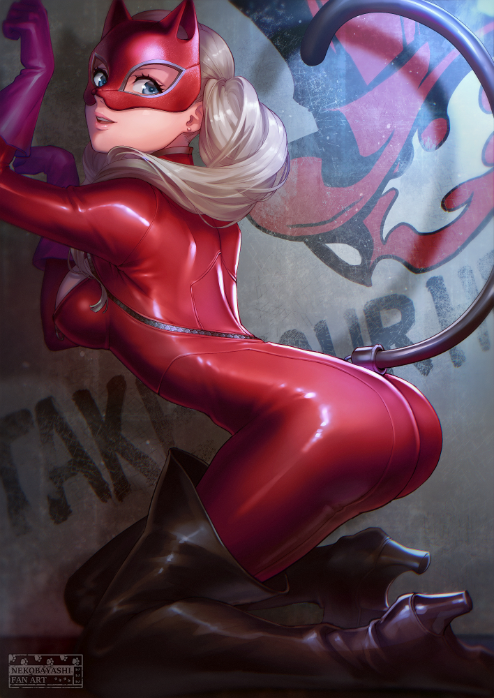 1girl arched_back black_legwear blonde_hair bodysuit boots cleavage_cutout earrings from_side gloves graffiti jewelry kneeling long_hair looking_away mask nekorin_(nekoforest) parted_lips paw_pose persona persona_5 ponytail purple_gloves red_bodysuit shiny skin_tight tail takamaki_anne thigh-highs thigh_boots wall zipper