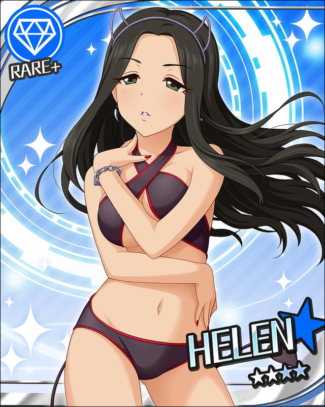1girl artist_request bare_shoulders bikini black_hair blue_background bracelet breasts card_(medium) character_name collarbone criss-cross_halter demon_horns demon_tail diamond_(symbol) earrings green_eyes halter_top halterneck helen_(idolmaster) horns idolmaster idolmaster_cinderella_girls jewelry long_hair looking_at_viewer nail_polish navel official_art parted_lips red_nails solo swimsuit tail under_boob