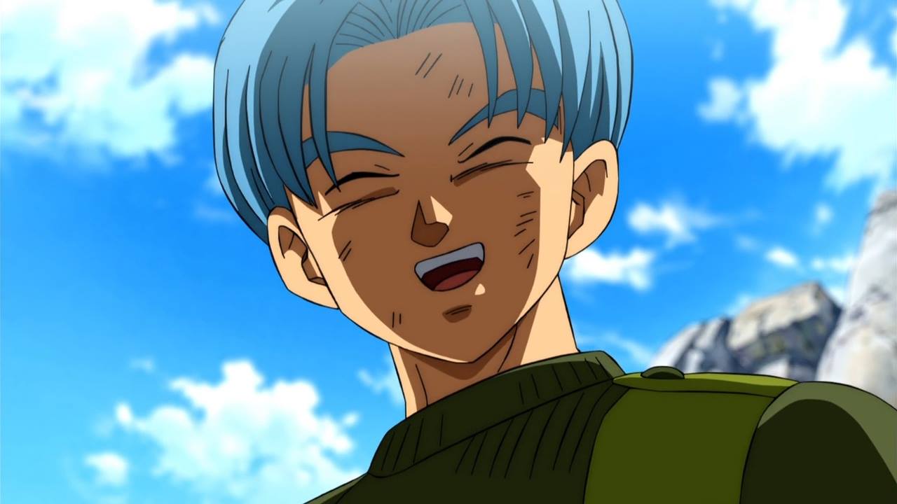 1boy blue_hair closed_eyes clouds cloudy_sky day dirty_face dragon_ball dragonball_z face green_shirt happy male_focus open_mouth screencap shaded_face shirt short_hair sky smile solo_focus trunks_(dragon_ball)