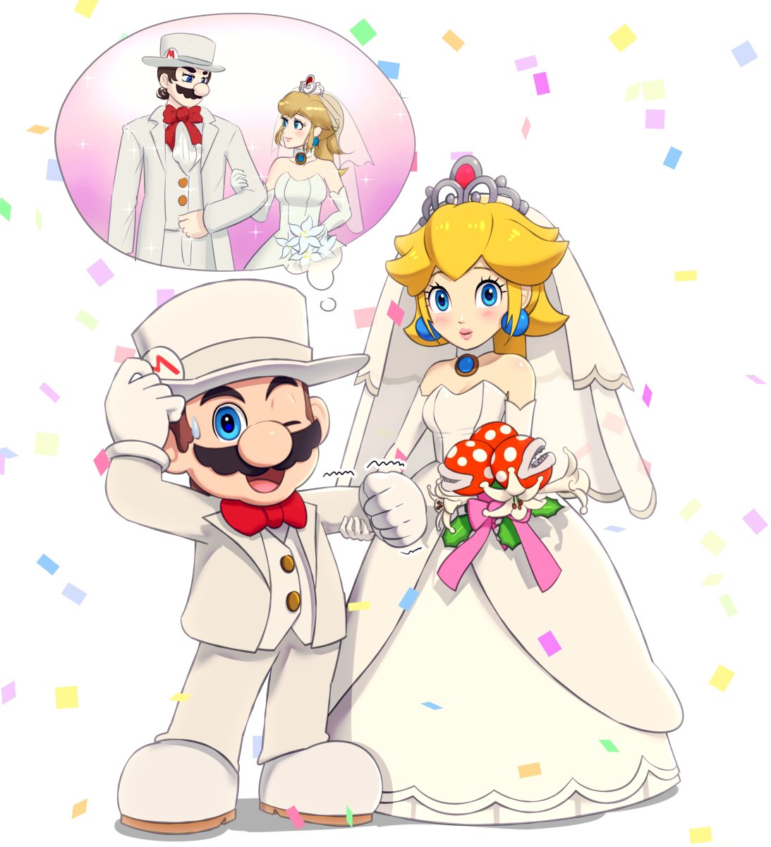 1boy 1girl blonde_hair blue_eyes bridal_veil dress facial_hair full_body gloves gonzarez hat height_difference hetero highres jewelry long_hair looking_at_viewer mario marriage mustache open_mouth piranha_plant princess_peach short_hair super_mario_bros. super_mario_odyssey tiara veil wedding_dress white_dress white_gloves