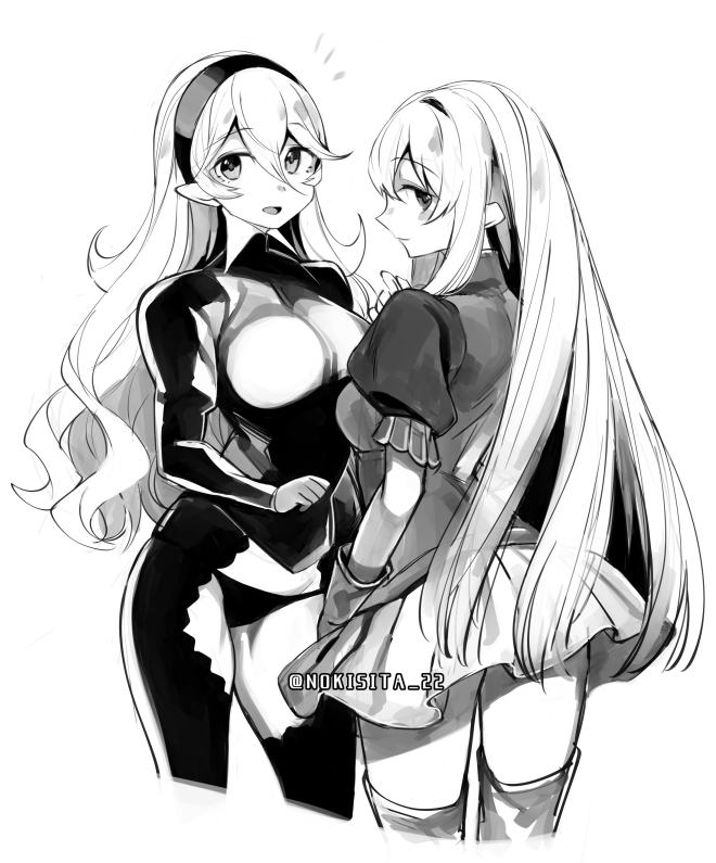 2girls armor blush breasts cape eirika female_my_unit_(fire_emblem_if) fire_emblem fire_emblem:_seima_no_kouseki fire_emblem_heroes fire_emblem_if gloves hairband long_hair looking_at_viewer monochrome multiple_girls my_unit_(fire_emblem_if) negiwo pointy_ears skirt smile thigh-highs