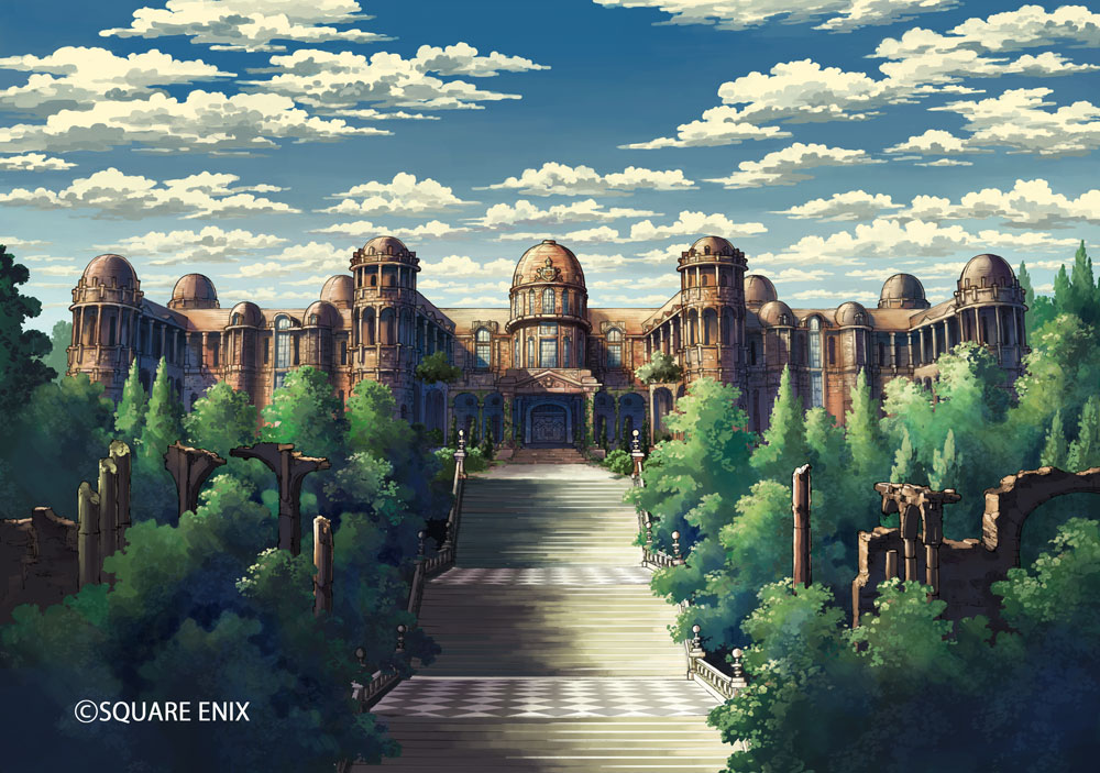 blue_sky building castle clouds cloudy_sky day door forest graphite_(medium) k_kanehira moss nature no_humans outdoors path plant railing road romancing_saga_3 ruins saga scenery sky stairs traditional_media tree watermark window