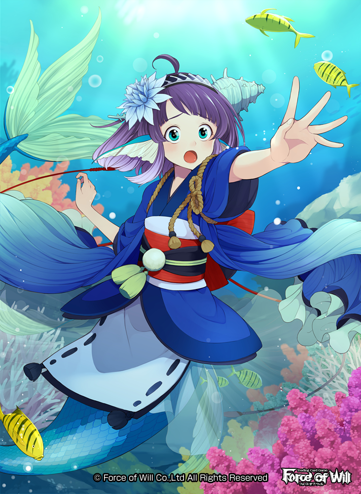 1girl ahoge aqua_eyes bubble copyright_name coral fish flower force_of_will hair_flower hair_ornament hairband head_fins japanese_clothes kimono mermaid monster_girl official_art open_mouth purple_hair solo underwater