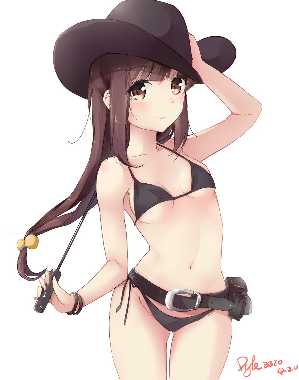 adjusting_clothes adjusting_hat artist_name belt belt_pouch bikini black_bikini black_hat blush breasts brown_eyes brown_hair dated dgle3370 groin hair_bobbles hair_ornament hat highres long_hair looking_at_viewer navel original riding_crop small_breasts standing swimsuit