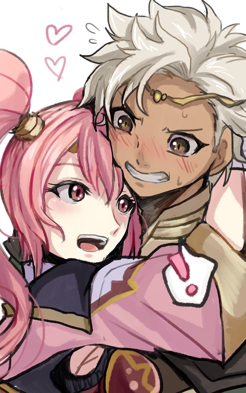 1boy 1girl blush boey_(fire_emblem) brown_eyes embarrassed fire_emblem fire_emblem_echoes:_mou_hitori_no_eiyuuou fire_emblem_gaiden gloves hetero highres hug mae_(fire_emblem) pink_eyes pink_hair simple_background smile tan white_background white_hair