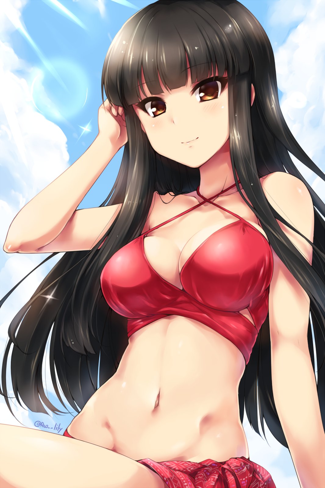 1girl arm_at_side arm_up bangs bare_arms bare_shoulders bikini black_hair blue_sky blunt_bangs breasts brown_eyes cleavage closed_mouth clouds collarbone commentary_request criss-cross_halter day eyebrows_visible_through_hair eyelashes halterneck hand_in_hair highres idolmaster kurokawa_chiaki lens_flare light_rays long_hair medium_breasts navel outdoors paopao red_bikini shiny shiny_hair sidelocks sitting sky smile solo stomach straight_hair strap_gap sunbeam sunlight swimsuit tsurime twitter_username