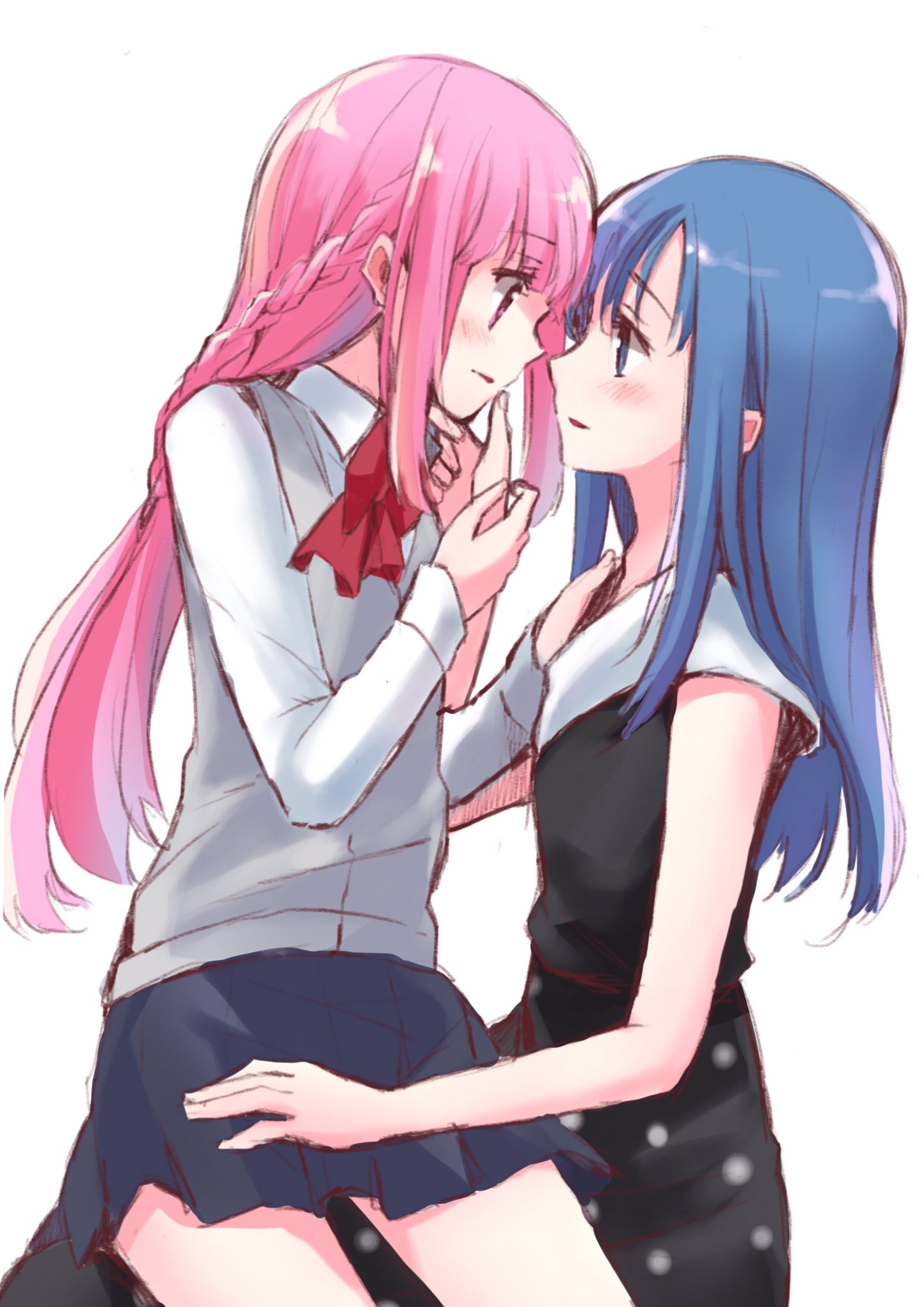 2girls bangs blue_eyes blue_hair blunt_bangs blush christy highres long_hair magia_record:_mahou_shoujo_madoka_magica_gaiden mahou_shoujo_madoka_magica multiple_girls nanami_yachiyo pink_eyes pink_hair sitting sitting_on_lap sitting_on_person tamaki_iroha yuri