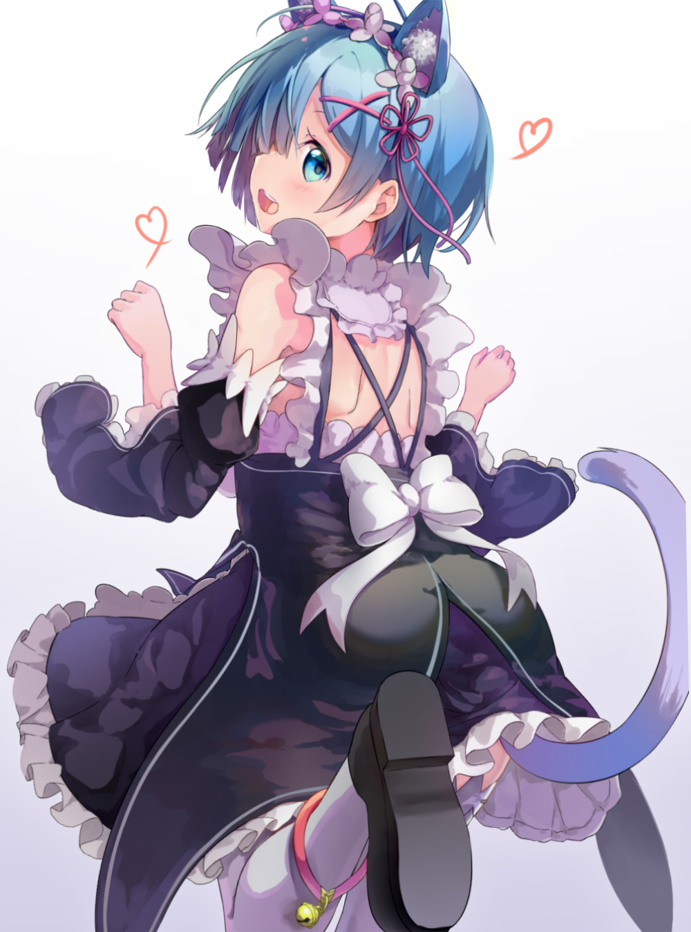 1girl animal_ears arms_up bell bell_collar blue_eyes blue_hair cat_ears collar cowboy_shot detached_sleeves dress fake_animal_ears hair_ornament hair_over_one_eye hair_ribbon headdress heart highres looking_at_viewer looking_back open_mouth pachi_(sugiyama0306) paw_pose re:zero_kara_hajimeru_isekai_seikatsu rem_(re:zero) ribbon shoes short_hair simple_background solo white_background white_legwear x_hair_ornament