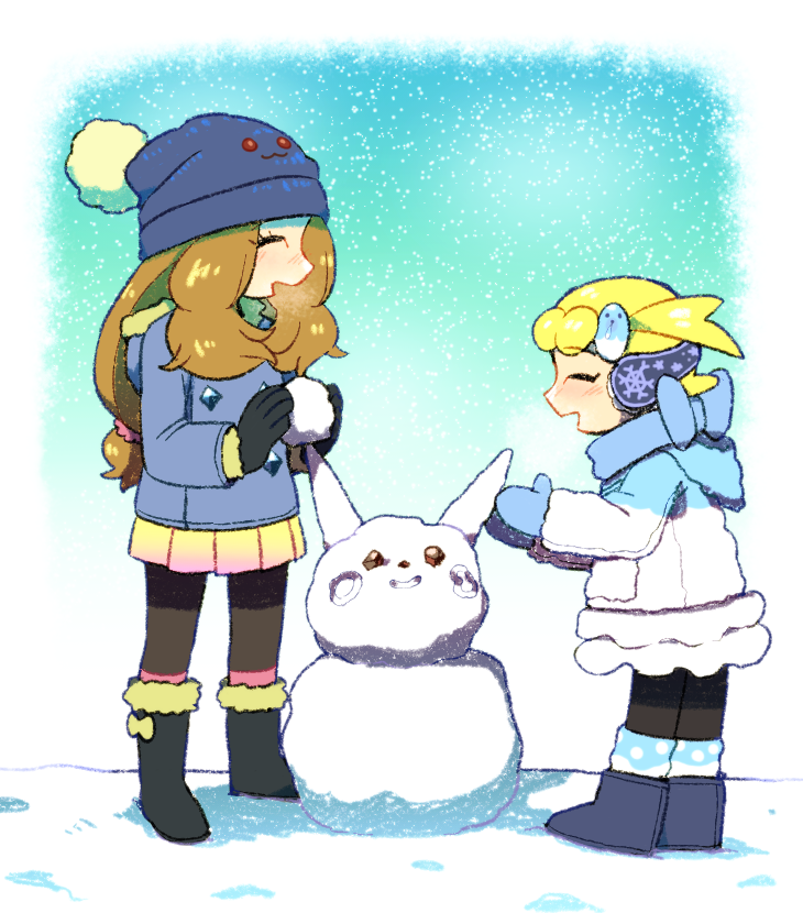 2girls ^_^ beanie black_legwear blonde_hair boots breath brown_hair closed_eyes coat earmuffs eureka_(pokemon) fur_boots hat leggings long_hair mittens moyori multiple_girls pikachu pleated_skirt pokemon pokemon_(anime) pokemon_xy_(anime) serena_(pokemon) side_ponytail skirt smile snow snowman ugg_boots winter winter_clothes winter_coat