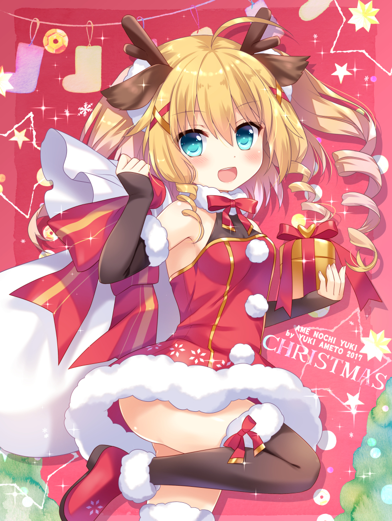 1girl 2017 :d ahoge ameto_yuki animal_ears ankle_boots antlers artist_name azur_lane bangs black_gloves black_legwear blue_eyes blush boots box christmas christmas_stocking commentary_request dress elbow_gloves eyebrows_visible_through_hair fingerless_gloves fur-trimmed_boots fur-trimmed_dress fur-trimmed_gloves fur-trimmed_legwear fur_collar fur_trim gift gift_box gloves gridley_(azur_lane) hair_between_eyes hair_ornament holding holding_sack long_hair looking_at_viewer looking_to_the_side open_mouth red_dress red_footwear reindeer_antlers reindeer_ears ringlets sack santa_costume smile solo standing standing_on_one_leg star thigh-highs x_hair_ornament