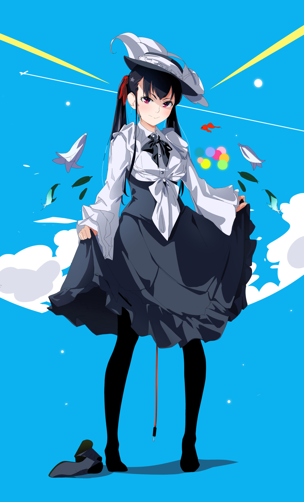 1girl black_hair black_legwear blue_background bow bowtie clouds dress dress_lift fish flower frills full_body hat high_heels highres leaf long_sleeves looking_at_viewer nekonamentai original plug red_eyes shoes_removed solo standing twintails underbust wide_sleeves