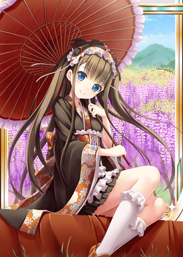 1girl akkijin blue_eyes blue_sky brown_hair card_(medium) cherry_blossoms day food fruit hair_ribbon japanese_clothes long_hair looking_at_viewer parasol peach ribbon shinkai_no_valkyrie sitting sky smile solo umbrella