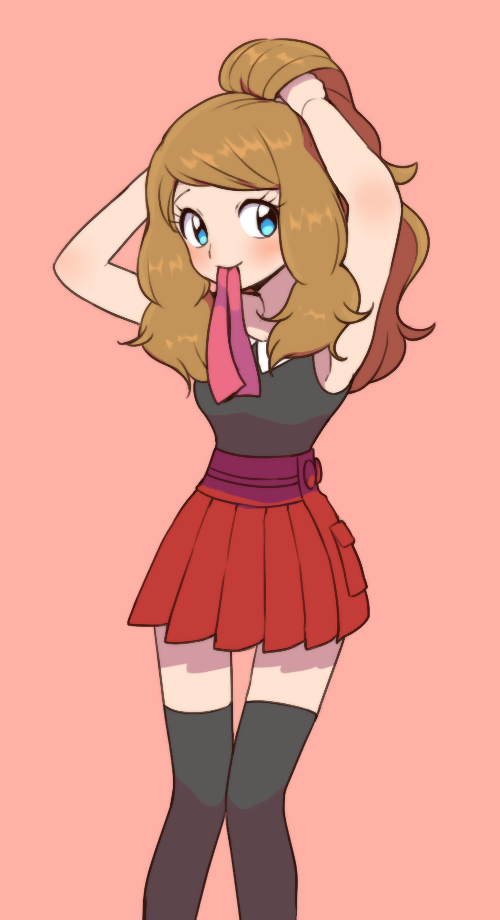 1girl blue_eyes brown_hair long_hair moyori pink_background pokemon pokemon_(anime) pokemon_xy_(anime) serena_(pokemon) solo thigh-highs tying_hair