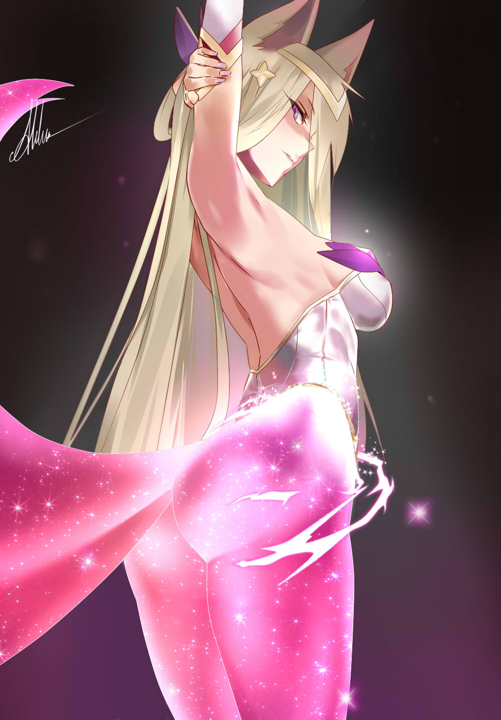1girl ahri alilu-chan alternate_costume alternate_hair_color animal_ears arm_up armpits arms_up ass backless_outfit bare_back bare_shoulders blonde_hair breasts derivative_work fox_ears fox_girl fox_tail hair_ornament half-closed_eyes highres large_breasts league_of_legends long_hair looking_at_viewer magical_girl parted_lips sideboob smile solo standing star_guardian_ahri tail violet_eyes