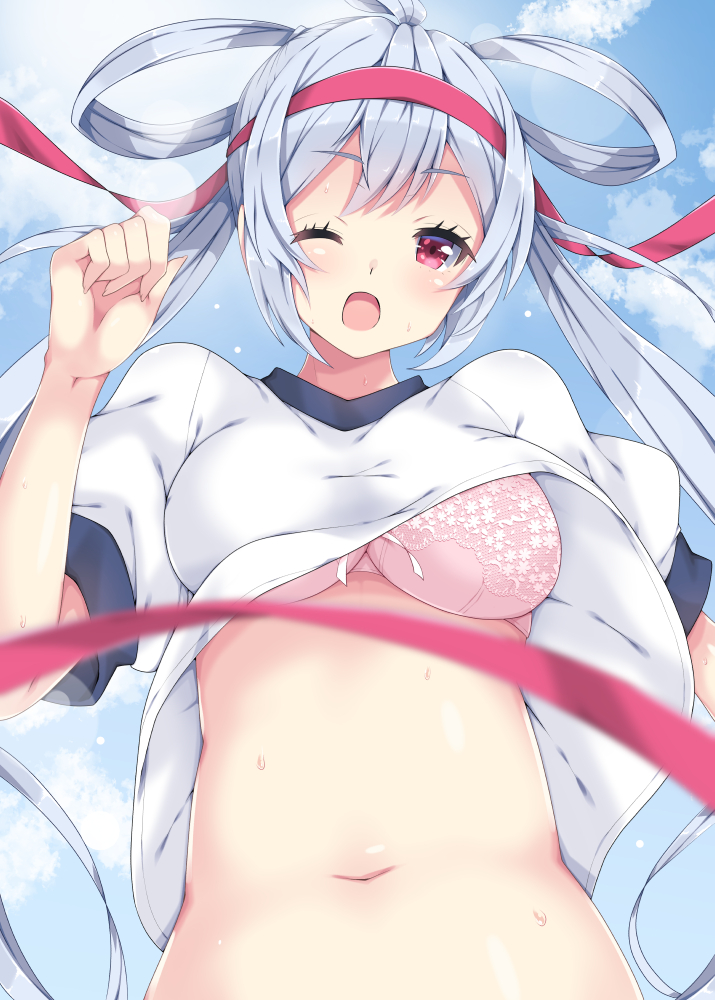 1girl ahoge blue_hair blue_sky bra breasts clouds day gym_uniform headband long_hair matoi_(pso2) medium_breasts milkpanda navel one_eye_closed open_mouth phantasy_star phantasy_star_online_2 pink_bra red_headband sky solo sweat twintails underwear upper_body