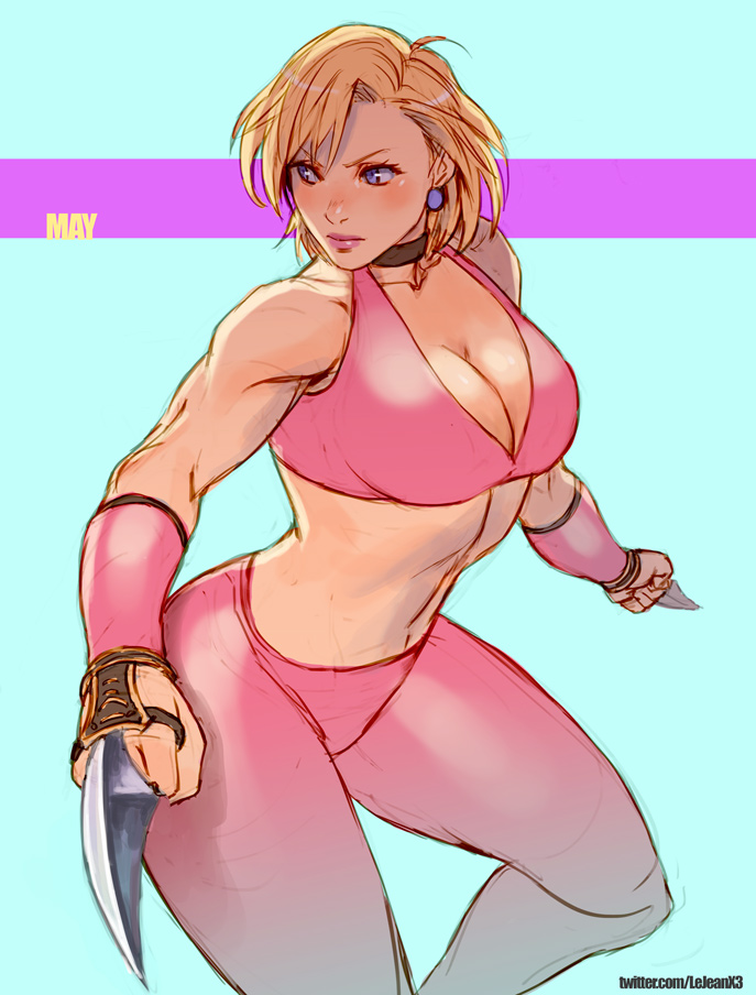 blade blonde_hair blue_eyes bracer breasts character_name choker cleavage final_fight furrowed_eyebrows lipstick looking_away makeup may_(final_fight) midriff muscle muscular_female pants pink_lipstick pink_pants rejean_dubois short_hair sports_bra twitter_username v-neck weapon