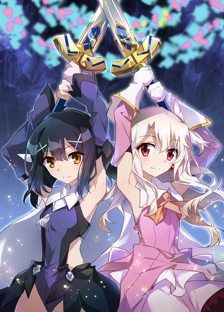 2girls armpits arms_up black_hair breasts closed_mouth detached_sleeves dress earrings eyebrows_visible_through_hair fate/kaleid_liner_prisma_illya fate_(series) feathers frilled_dress frills gloves hair_between_eyes hair_feathers hair_ornament hands_up highleg holding holding_weapon illyasviel_von_einzbern jewelry long_hair looking_at_viewer magical_girl miyu_edelfelt multiple_girls red_eyes ribbon small_breasts sword tsuedzu weapon white_hair yellow_eyes