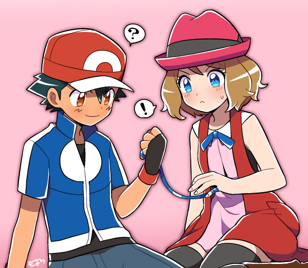 1boy 1girl baseball_cap black_hair blue_eyes blue_ribbon blush brown_eyes brown_hair hat moyori pink_background pokemon pokemon_(anime) pokemon_xy_(anime) question_mark ribbon satoshi_(pokemon) serena_(pokemon) short_hair simple_background sitting thigh-highs