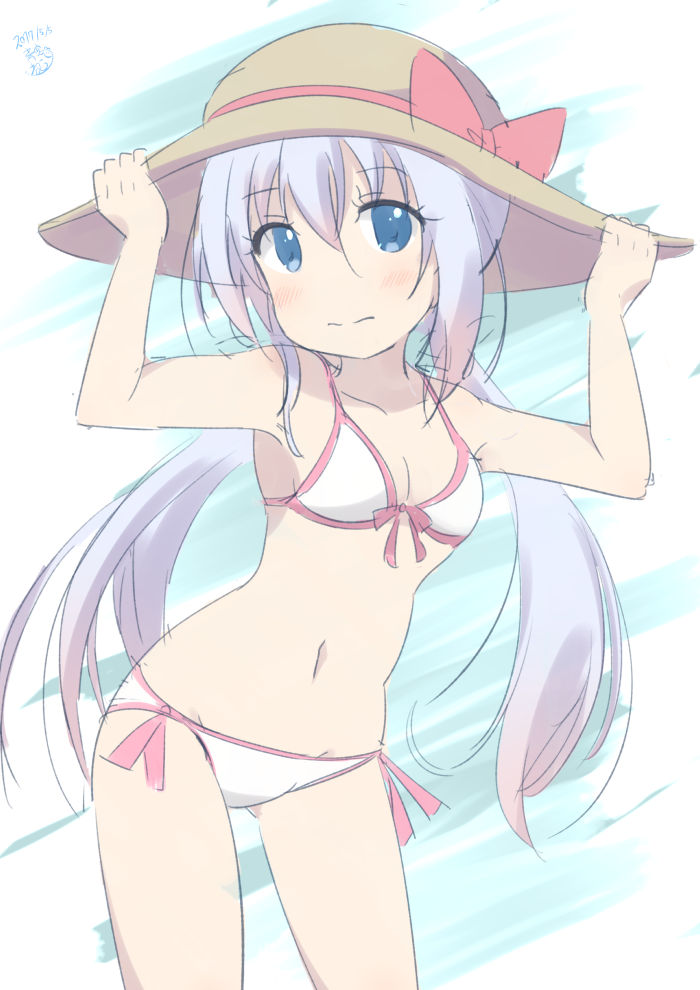 1girl adjusting_clothes adjusting_hat alternate_costume aosora_neko artist_name bangs bikini blue_eyes breasts brown_hat cleavage closed_mouth collarbone commentary_request cowboy_shot dated front-tie_bikini front-tie_top gochuumon_wa_usagi_desu_ka? groin hair_between_eyes hat hat_ribbon kafuu_chino light_blue_hair looking_at_viewer navel open_mouth red_ribbon ribbon side-tie_bikini sidelocks signature sketch small_breasts solo standing stomach sun_hat swimsuit twintails two-tone_background wavy_mouth white_bikini