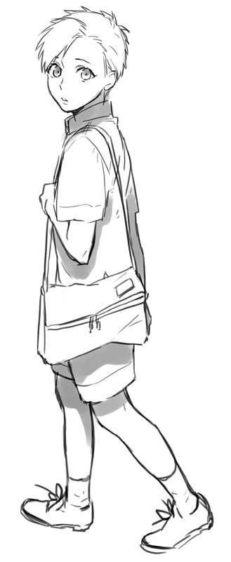 1boy alphonse_elric androgynous backpack bag expressionless fullmetal_alchemist greyscale looking_at_viewer looking_back male_focus monochrome noako open_mouth shawl shirt shoes short_hair shorts socks solo_focus walking