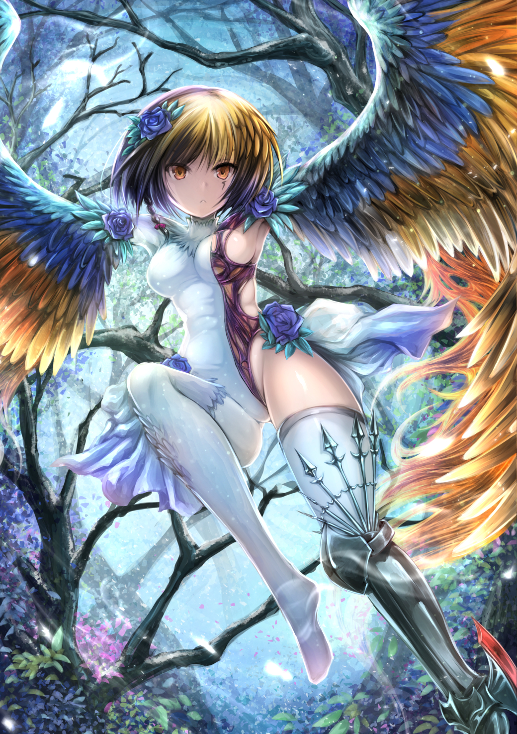 1girl :&lt; armor armored_boots armpits bangs bare_tree blue_feathers blue_rose bob_cut boots bow braid branch breasts brown_feathers brown_hair character_request closed_mouth commentary_request day facial_tattoo feathered_wings flower flying forest from_below hair_between_eyes hair_bow hair_flower hair_ornament harpy highres looking_away lord_of_vermilion lord_of_vermilion_iii medium_breasts monster_girl multicolored multicolored_wings nature one_leg_raised orange_eyes orange_feathers outdoors pink_bow rose shimo_(depthbomb) shiny shiny_skin short_hair side_braid single_boot single_thighhigh solo spread_wings tattoo thigh-highs tree white_legwear wind wings