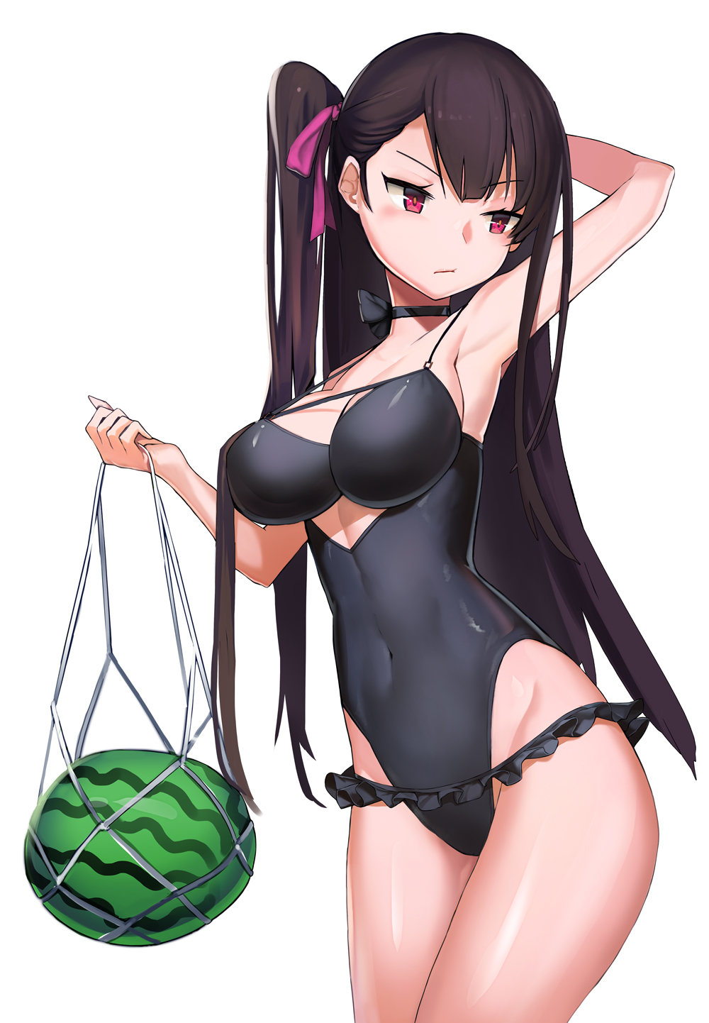 1girl arm_up armpits bangs black_hair black_swimsuit blush breasts btraphen cleavage closed_mouth commentary contrapposto covered_navel cowboy_shot eyebrows_visible_through_hair food fruit girls_frontline hair_ribbon hand_up highres hips large_breasts long_hair looking_to_the_side one-piece_swimsuit one_side_up purple_ribbon revision ribbon side_ponytail simple_background solo swimsuit thighs tsurime very_long_hair violet_eyes wa2000_(girls_frontline) watermelon white_background