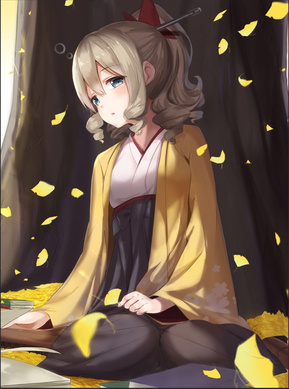 1girl autumn_leaves black_skirt blonde_hair blue_eyes blush book boots bow brown_boots drill_hair eyebrows_visible_through_hair floral_print hair_bow hatakaze_(kantai_collection) headgear highres japanese_clothes kantai_collection karumayu kimono kneeling looking_at_viewer outdoors parted_lips ponytail skirt solo tree wide_sleeves yellow_kimono