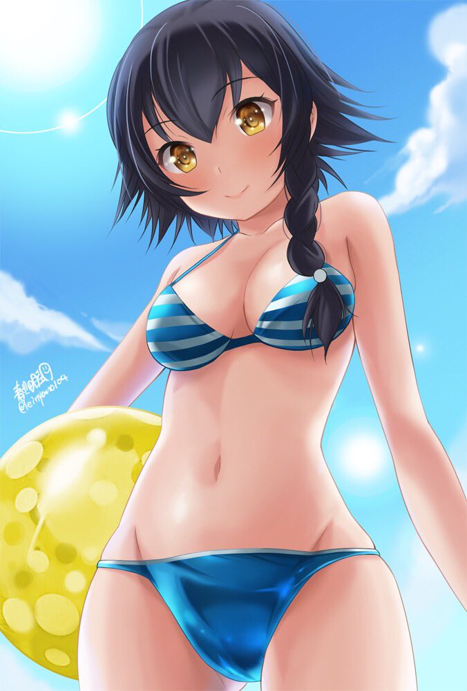 1girl artist_name ball beachball bikini black_hair blue_bikini blue_sky braid breasts brown_eyes clouds cowboy_shot day girls_und_panzer haruhata_mutsuki looking_at_viewer medium_breasts mismatched_bikini navel pepperoni_(girls_und_panzer) short_hair side_braid sky solo striped_bikini_top swimsuit twitter_username